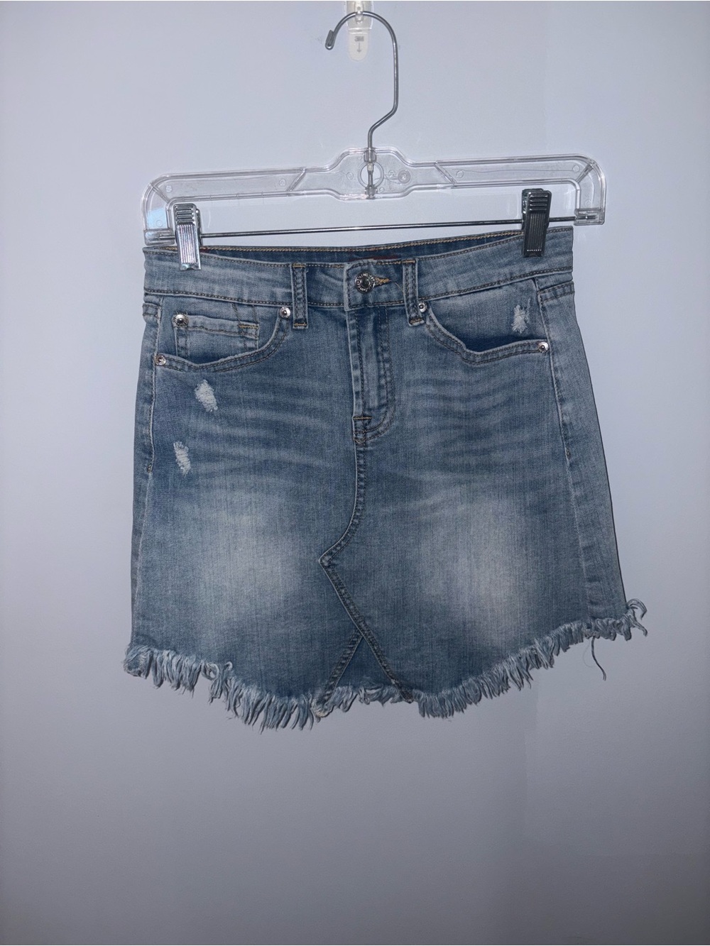 New 7 For All Mankind Light Blue Distressed Denim Mini Skirt in size 14